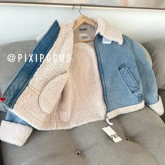 ZARA NEW FAUX SHEARLING BIKER JACKET MOTO DENIM BLUE M MEDIUM 3548/250 - Picture 3 of 16